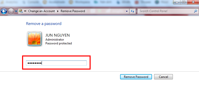 Nhập mật khẩu và bấm Remove Password để xóa mật khẩu